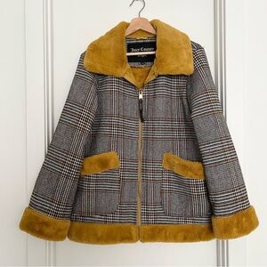 Juicy Couture Black Label Women's Houndstooth Coat Fur Medium Black White Y2K